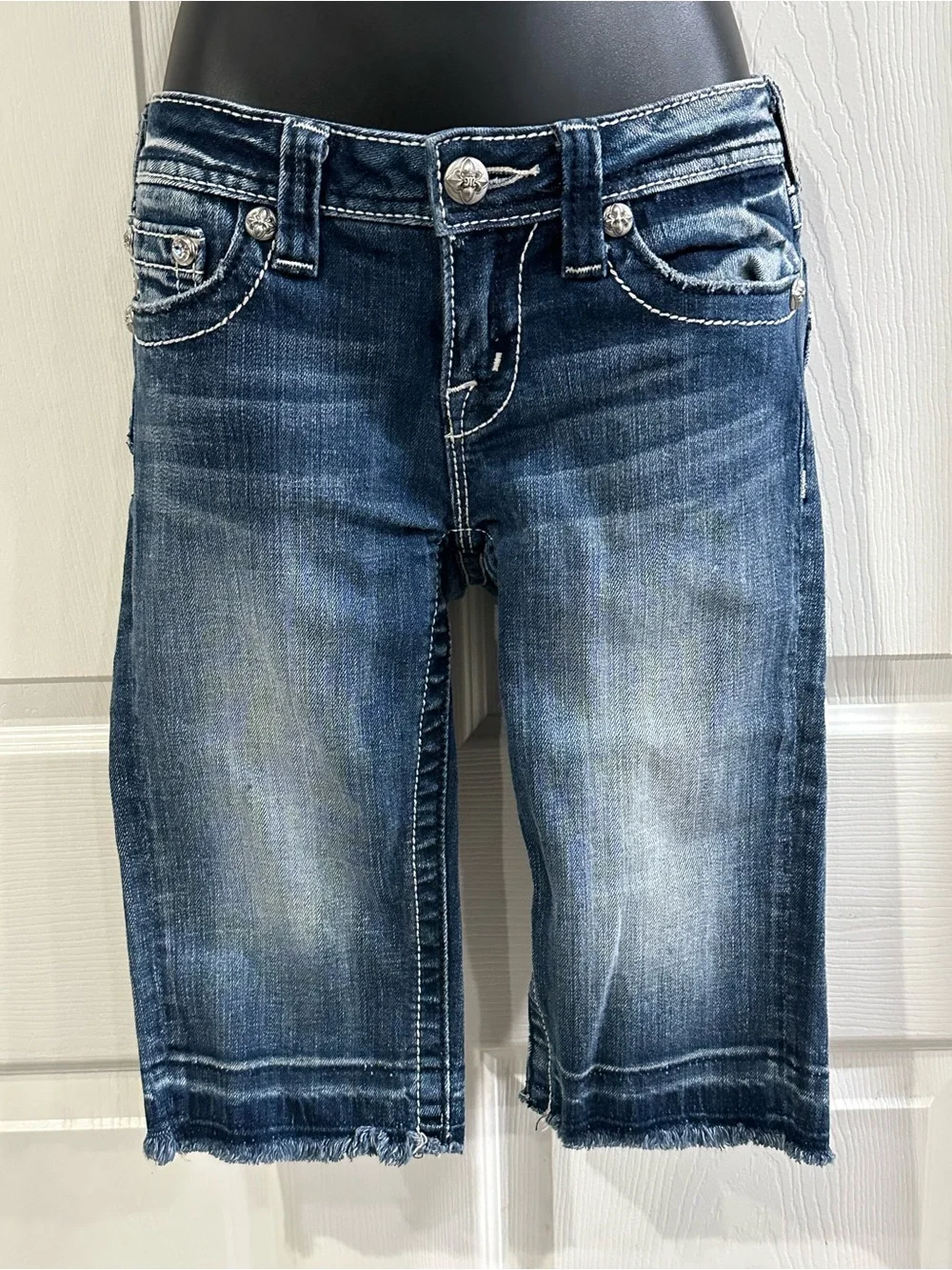 Miss Me Distressed Dark Blue Denim Bermuda Shorts